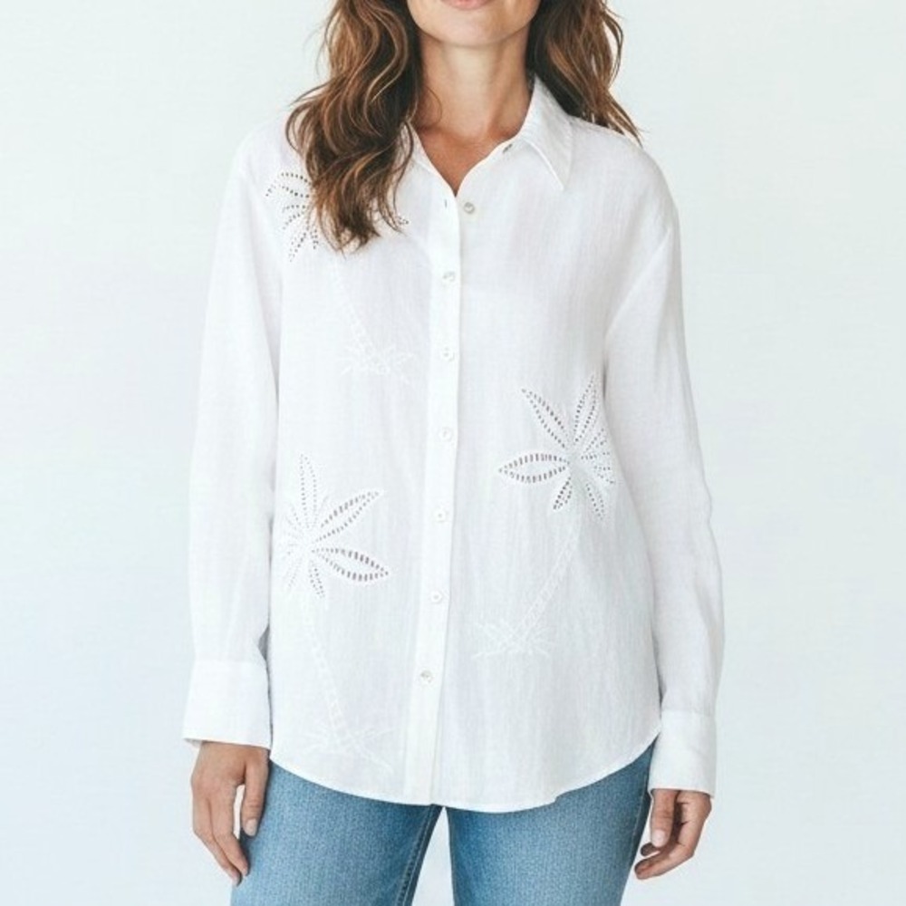 Calypso St.‎ Barth LS White Tropical Eyelet Embroidered Button Down Shirt Size L